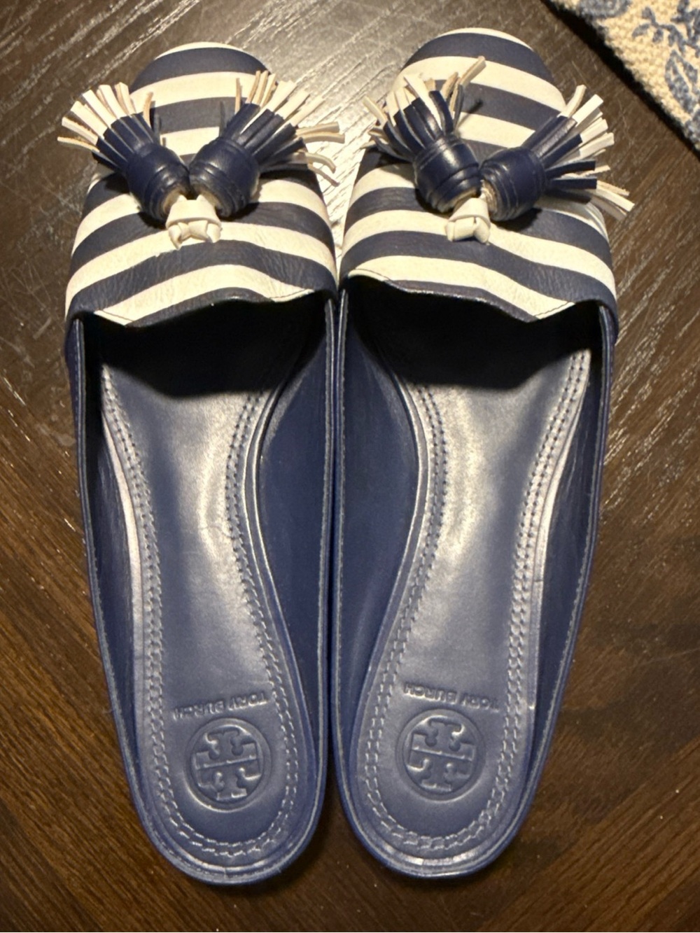 Tory Burch Blue White Striped Leather Tassel Slip-On Mule Flats, Size 7